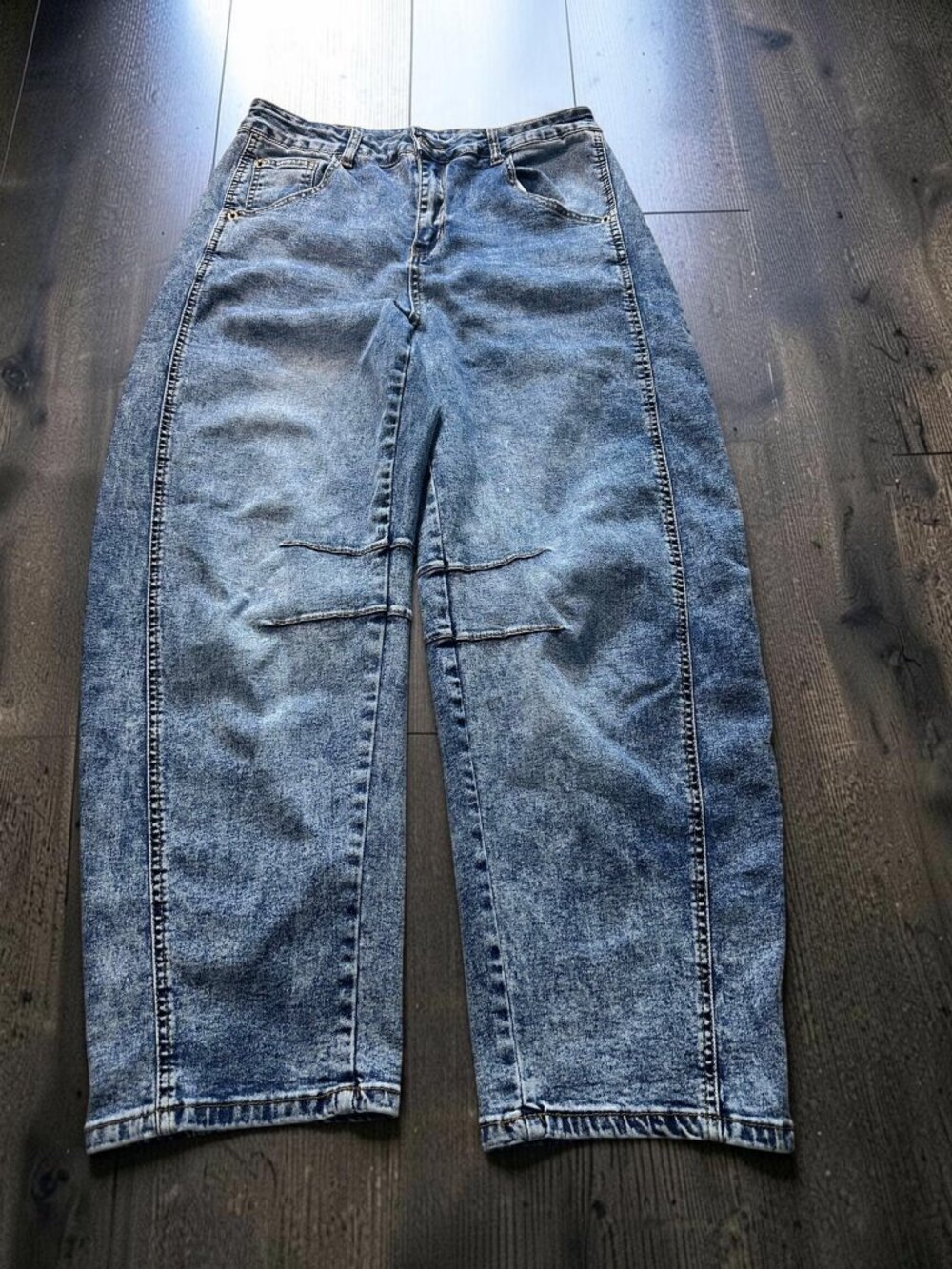 Y2K Acid Wash Barrel Leg Jeans Womens 29 Blue High Rise Wide Leg Cropped Denim